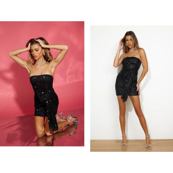 Hello Molly Dress Womens Size 10 She's The Gift Sequin Mini Black Strapless Bow - Picture 14 of 14